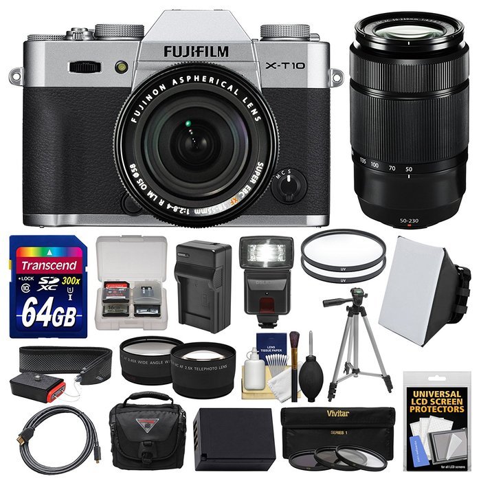 Fujifilm X-T10 Digital Camera & 18-55mm XF (Silver) & 50-230mm II Lens + 64GB Card + Case + Flash + Battery &...