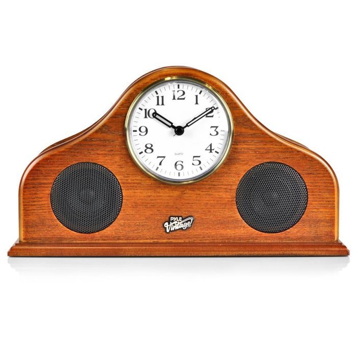 Pyle 2-in-1 Retro Vintage Style Clock & Bluetooth Stereo Speaker System, Brown (PVNTLCL41BT) N4