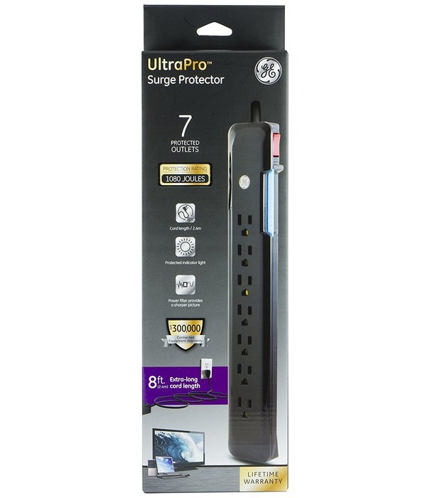 GE Ultrapro 7 Outlet Surge Protector, 1080 Joules, Black, 8' Cord, 34133