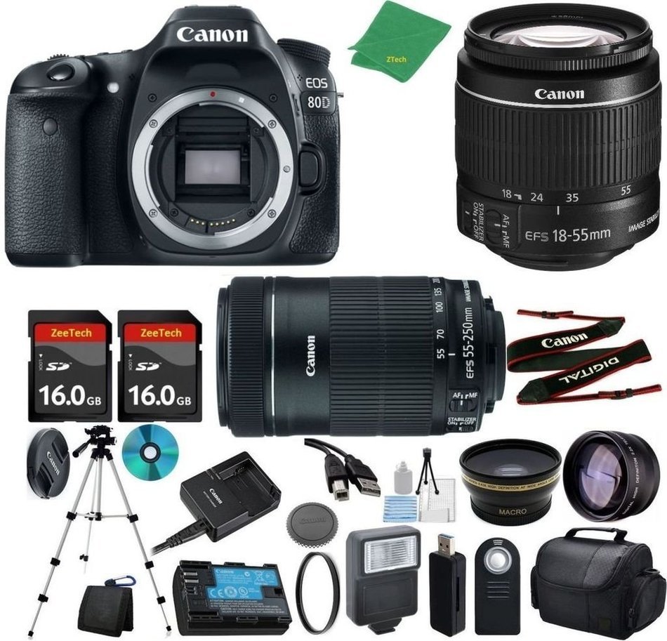Canon EOS 80D Camera with 18-55mm IS STM + 55-250mm STM + 2pcs 16GB Memory + Case + Memory Reader + Tripod + ZeeTech...