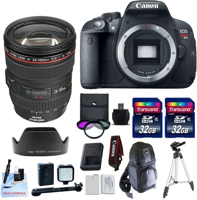 Canon EOS T5i + Canon EF 24-105mm f/4L IS USM Lens + 32GB Transcend SD Memory Cards + LED Video Light + Spare...