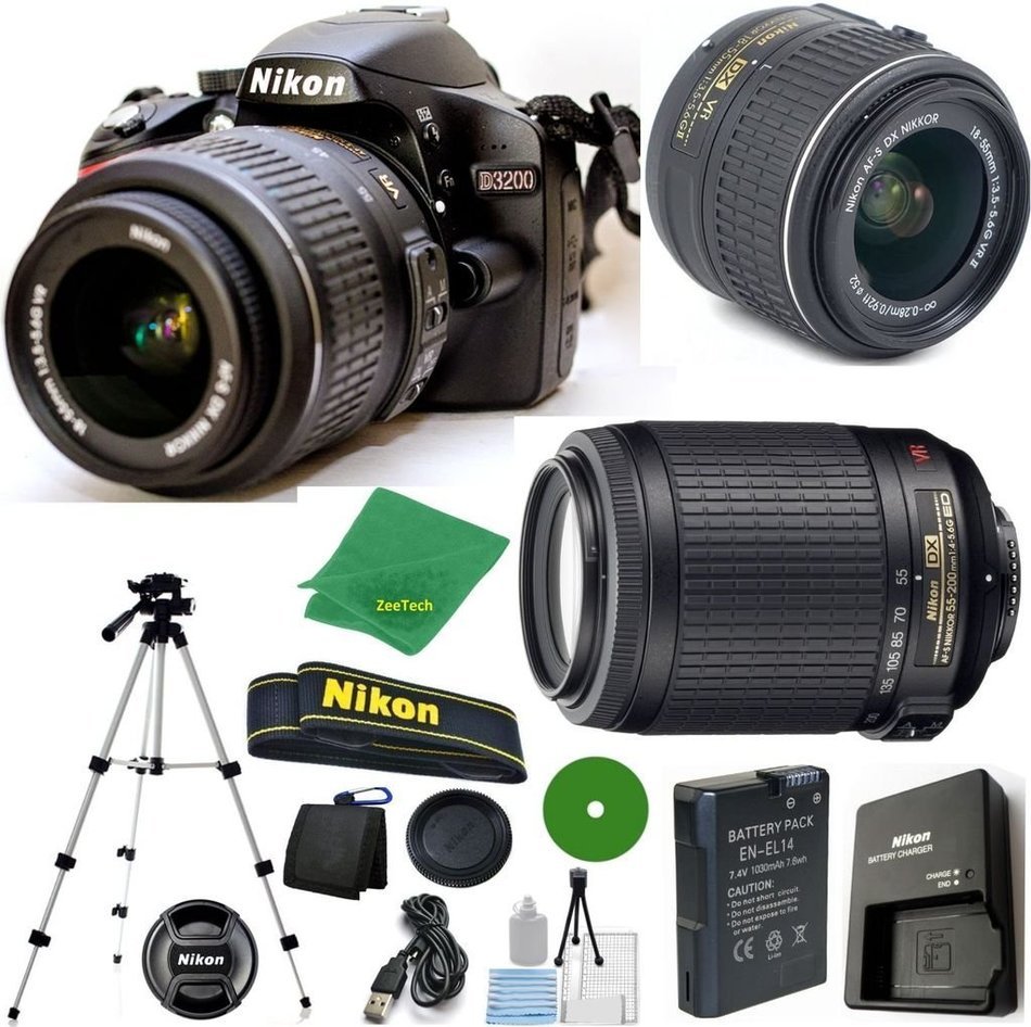 D3200 24.2 MP CMOS Digital SLR, NIKKOR 18-55mm f/3.5-5.6 Auto Focus-S DX VR, 55-200mm f4-5.6G VR Nikkor, Tripod...