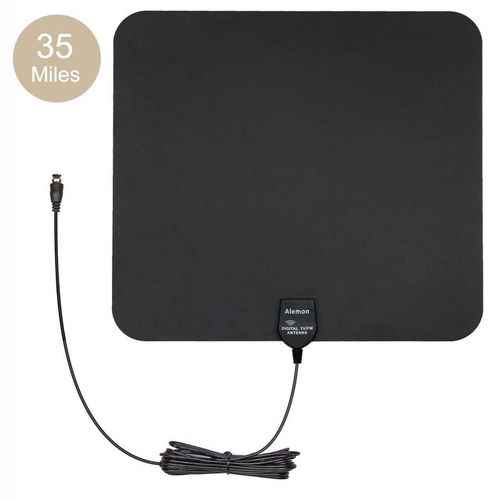 Alemon Ultra Thin Indoor HDTV Antenna with 16.4 Feet Coax Cable - 35 Miles Range - Black N6