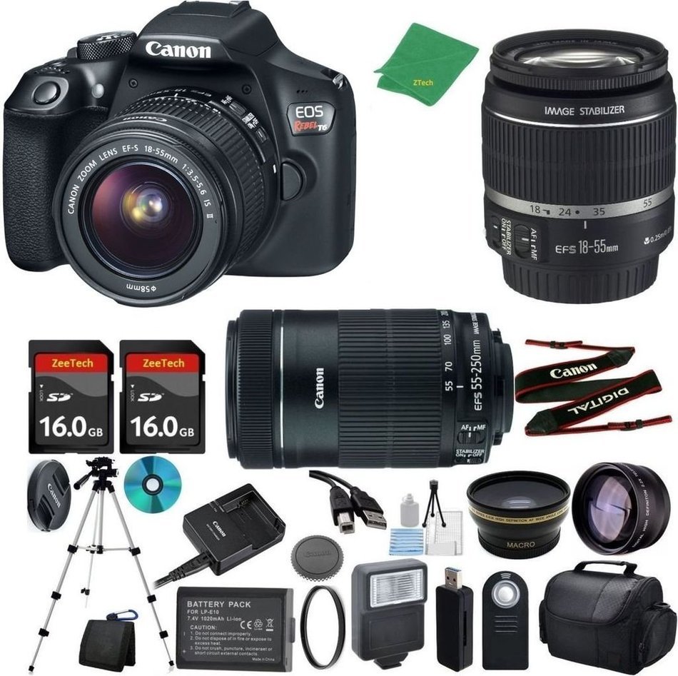 Canon T6 Camera with 18-55mm IS + 55-250mm STM Lens + 2pcs 16GB Memory + Case + Memory Card Reader + Tripod +...