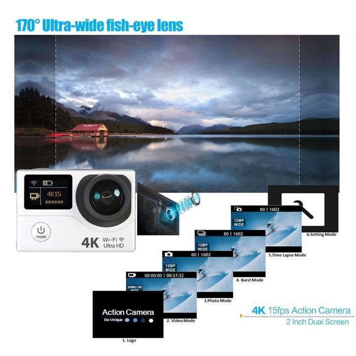 Andoer 2 Inch Dual Screen LCD Ultra HD Wifi Sports Action Camera 4K 15fps 1080P 60fps 12MP 170&deg; Wide-angle for... N9