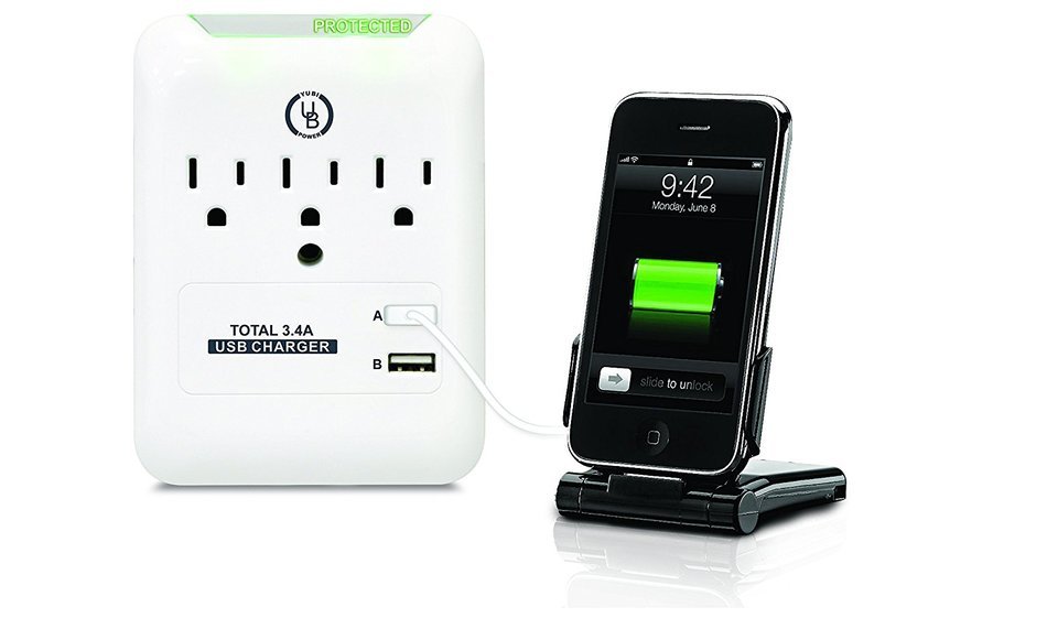 Yubi Power Slim Surge Protector - White - UL Listed - With 3 AC Plug Outlet Plus 2 USB Ports- 3.4 Amp Outlet -... N3