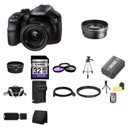 Sony A3000, ILCE-3000K, ILCE-3000KB, 20. 1MP Interchangeable Lens Camera with 18-55mm Zoom Lens (Black) 32GB Package 4 N2