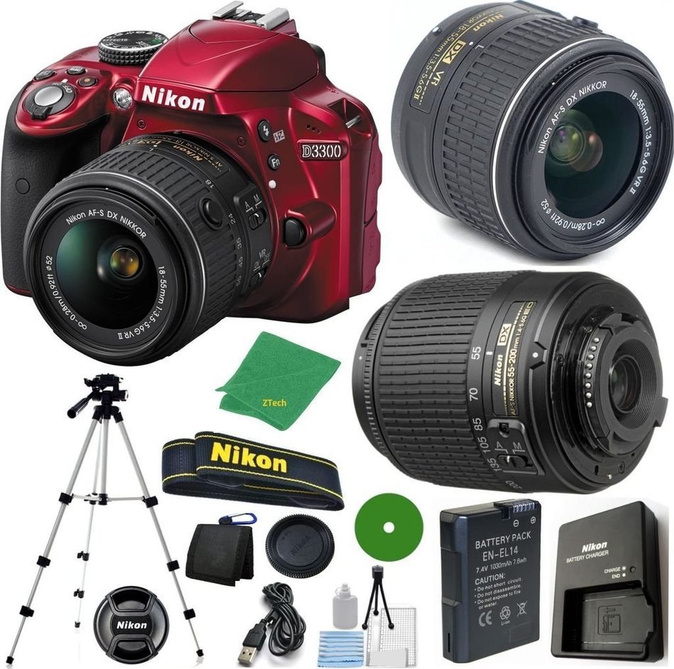 Nikon D3300 Red - International Version (No Warranty), 18-55mm f/3.5-5.6 DX VR, Nikon 55-200mm f4-5.6G ED DX Nikkor... N2