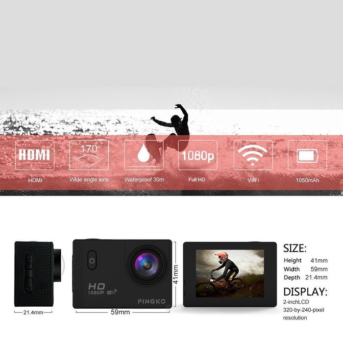 PINGKO F71 WIFI Full HD Sports Action Camera,1080P 30fps 12MP 2.0 Inch LCD Screen 170 Degree Wide Angle Lens Waterproof... N12