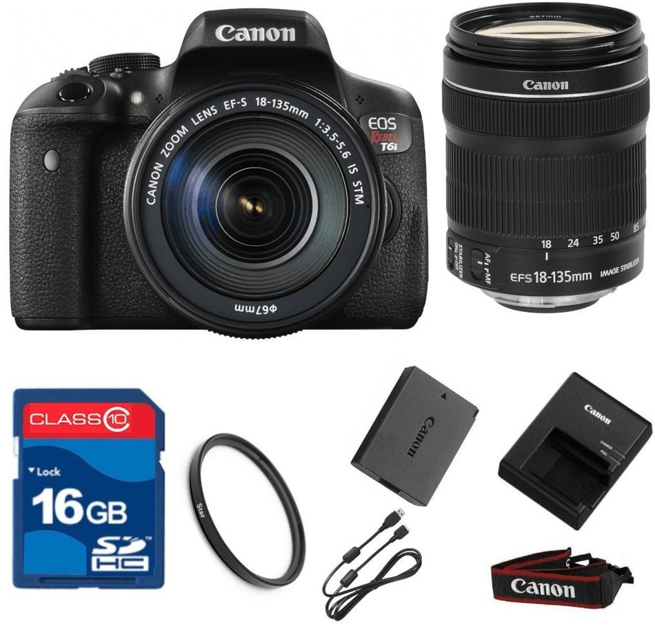 Canon T6I DSLR + 18-135mm IS STM Lens+ 16GB Memory + UV Filter + Deluxe Value - International Version