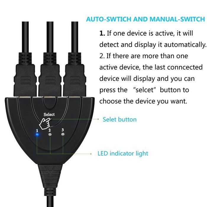 Auskic 3-Port HDMI Switch with Pigtail Cable - 3x1 HDMI Splitter Switcher Support Full HD 3D 1080p - PS3/PS4 Xbox... N5