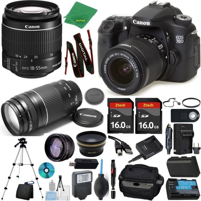 Canon EOS 70D Camera + 18-55mm IS STM + 75-300mm III + 2pcs 16GB Memory + Case + Memory Reader + Tripod + Starter...