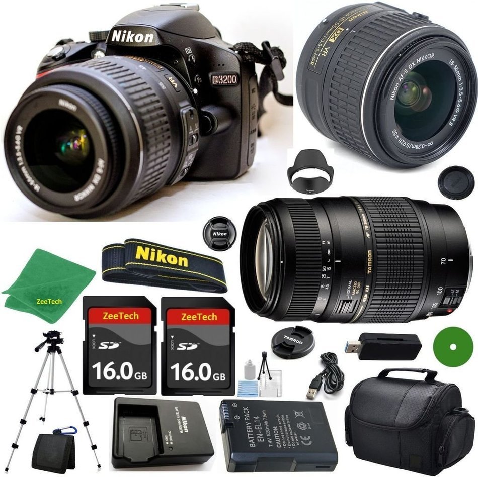 Nikon D3200 International Version - No Warranty, 18-55mm f/3.5-5.6 VR, Tamron 70-300mm DI LD Zoom, 2pcs 16GB ZeeTech...