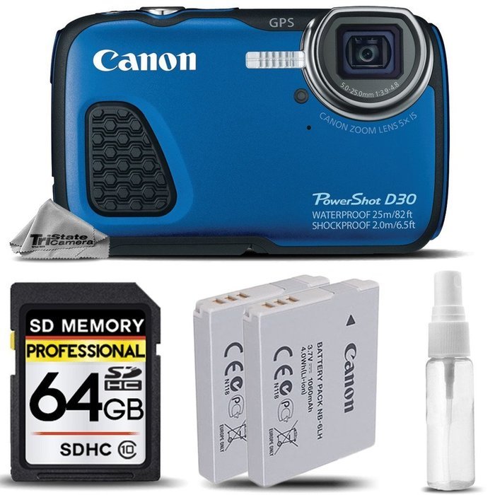 Canon PowerShot D30 Waterproof Digital Camera In Blue Built-In GPS, 5x Zoom, DIGIC 4 + Backup Battery + 64 Class...