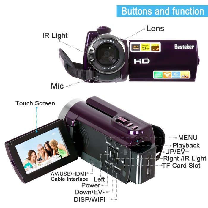 Video Camcorders, Besteker Portable Digital Video Camera Max 20.0 MP 1080P Camcorder HD Support WIFI and IR 3.0... N13