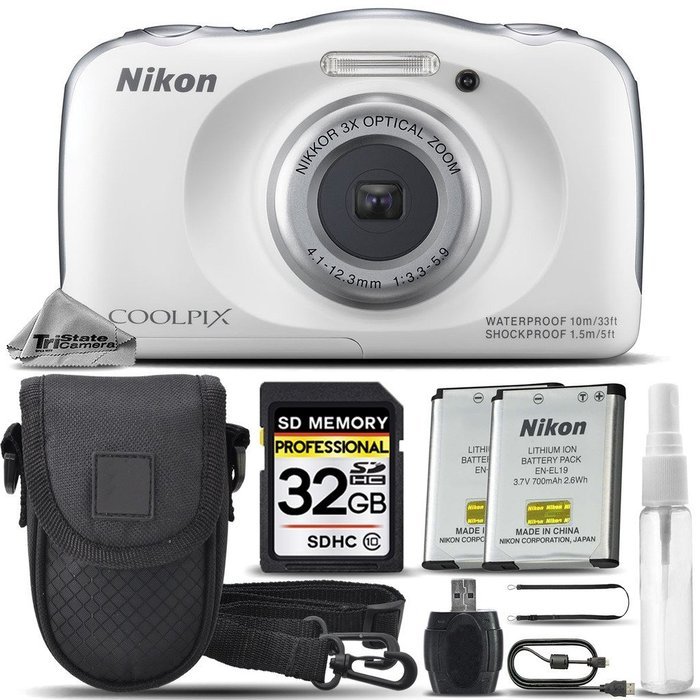 Nikon COOLPIX S33 Digital Waterproof & Freezeproof Full HD 1080p Camera (White) + 32GB Class 10 Memory Card +... N3