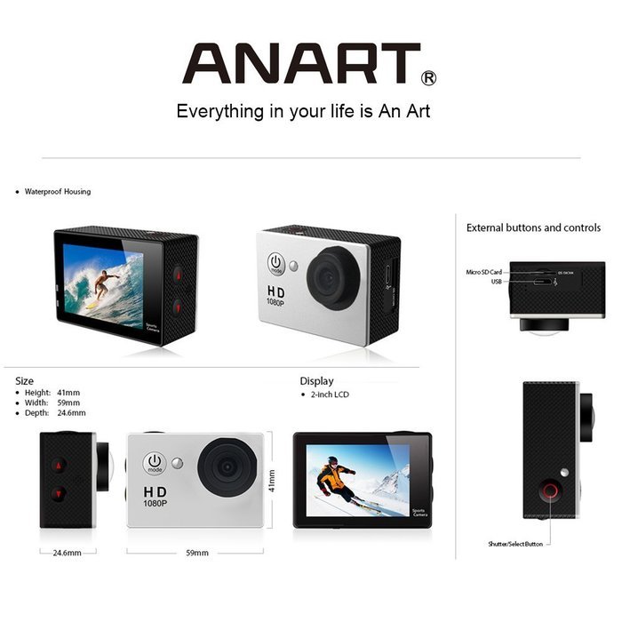 ANART&reg; SSC-20 WIFI HD 1080P 2.0'' Big LED Screen 170 Degree Waterproof Mini Sport Camera Helmet Action Car Camcorder N6
