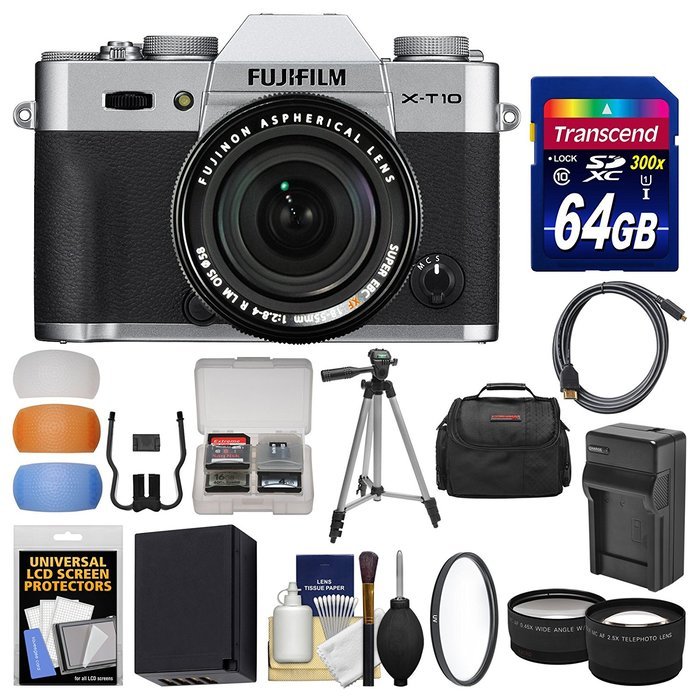 Fujifilm X-T10 Digital Camera & 18-55mm XF Lens (Silver) with 64GB Card + Case + Battery & Charger + Tripod +...