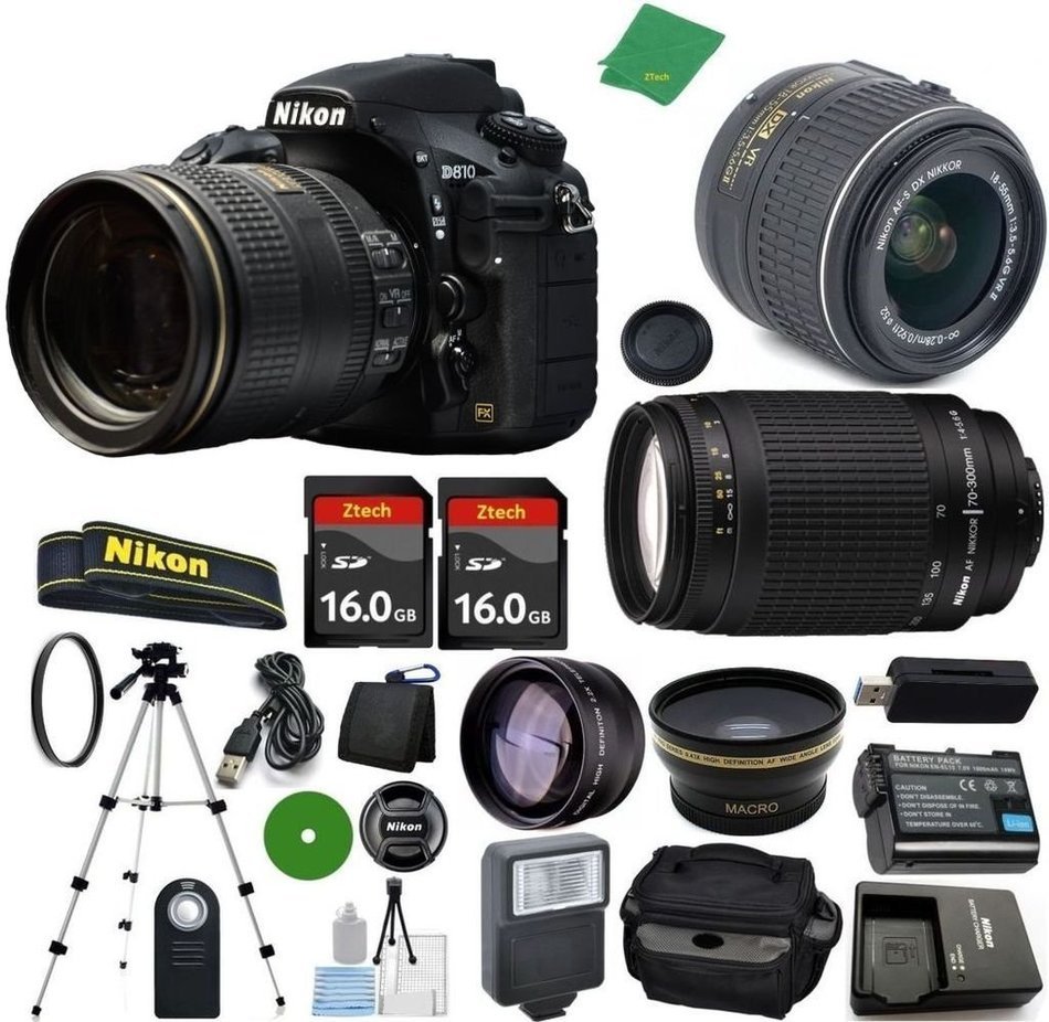 Nikon D810 - International Version (No Warranty), 18-55mm f/3.5-5.6 DX VR, Nikon 70-300mm f/4-5.6G, 2pcs 16GB... N2