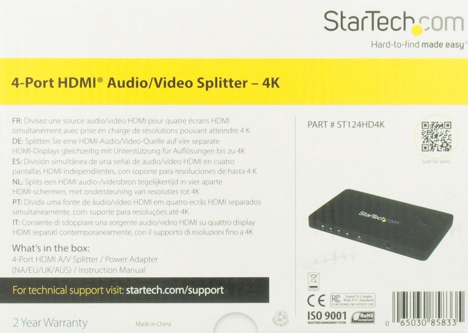 StarTech.com ST122HD4KU 4K HDMI 2-Port Video Splitter Built-In HDMI Source Cable N7