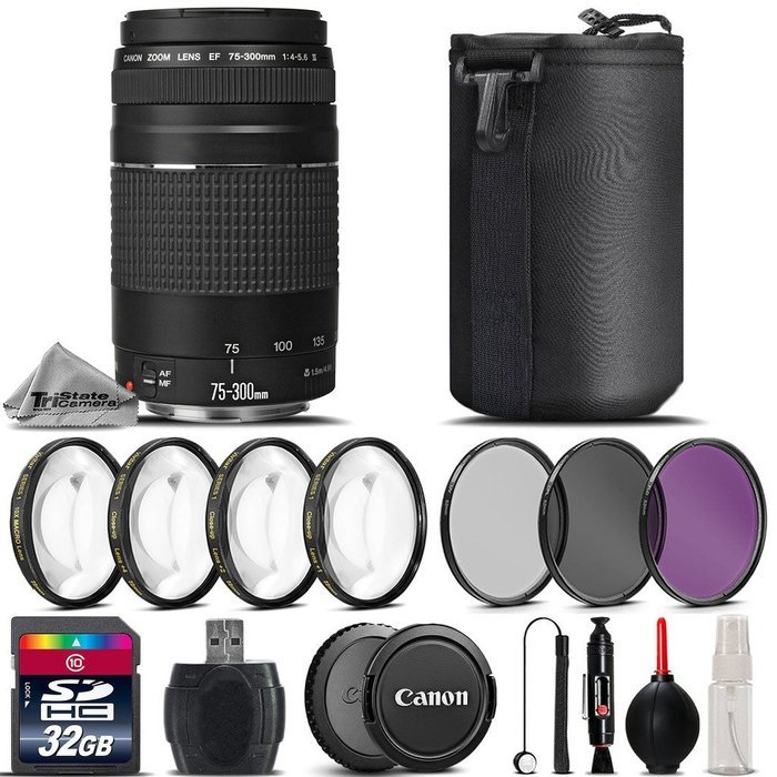 Canon 75-300mm Lens + 32GB Class 10 High Speed Memory Card + 4PC Macro Kit + UV-CPL-FLD Filters + Card Reader... N3
