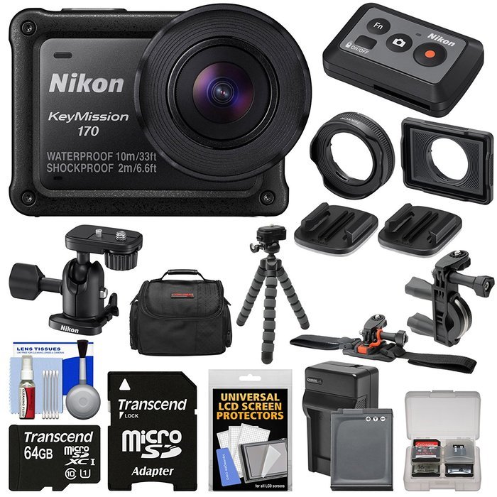 Nikon KeyMission 170 Wi-Fi Shock & Waterproof 4K Video Action Camera Camcorder + Remote + Handlebar/Helmet Mounts...