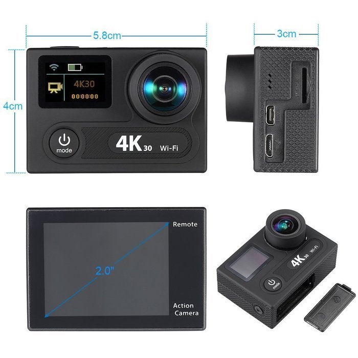 Andoer&reg; 2 Inch Sports Action Camera Dual Screen LCD Ultra HD 360 VR Play Wifi 4K 30fps 1080P 60fps 12MP 170&deg; Wide-angle... N2