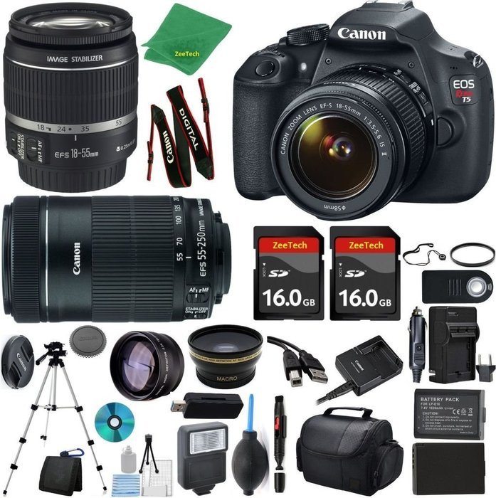 Canon Rebel T5 Camera + 18-55mm IS + 55-250mm STM + 2pcs 16GB Memory + Case + Memory Reader + Tripod + ZeeTech...