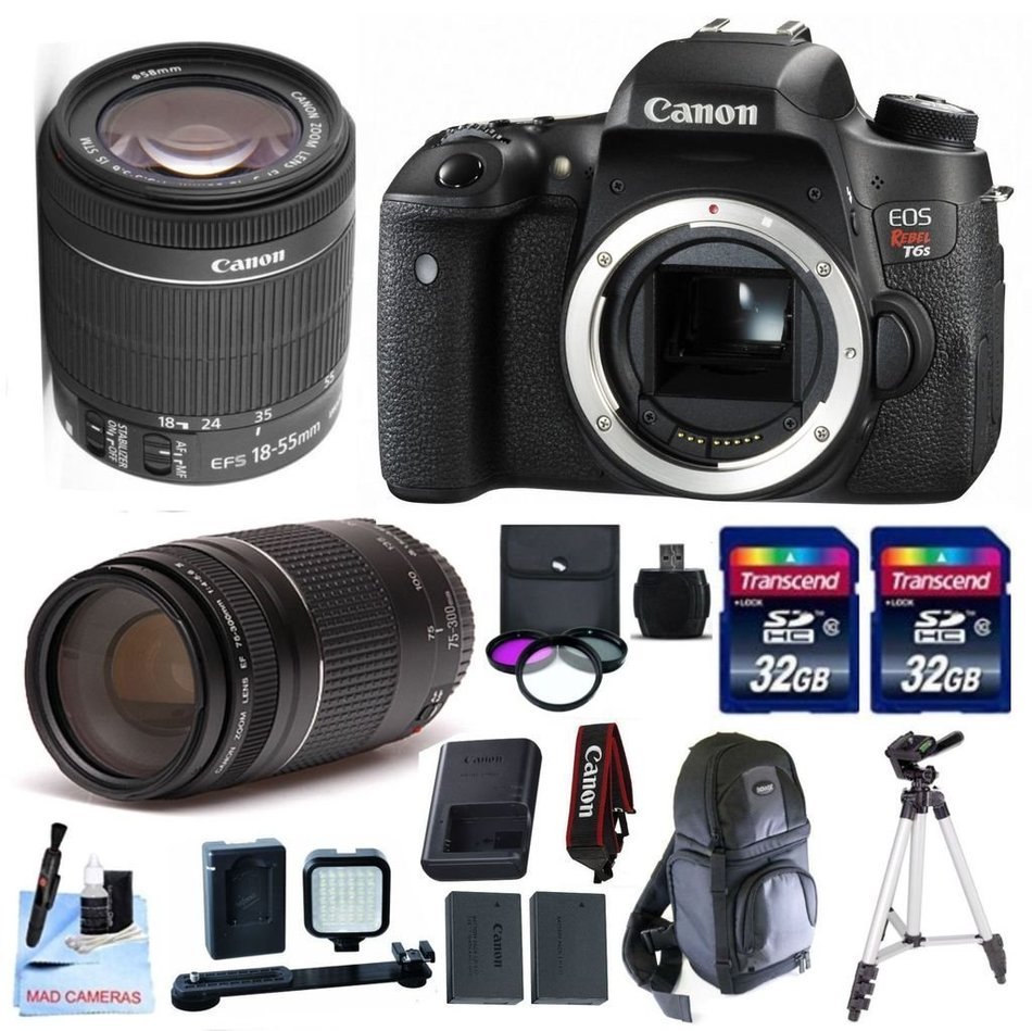 Canon EOS T6s + Canon 18-55mm IS STM + 75-300mm III Telephoto Lens + 2 32GB Transcend SD Memory Cards + LED Video...