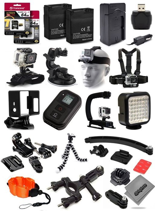 Opteka 2x Batteries + 128GB Memory + Skeleton Housing + X-Grip + LED Light + Large Case + Head Strap + Car Suction...