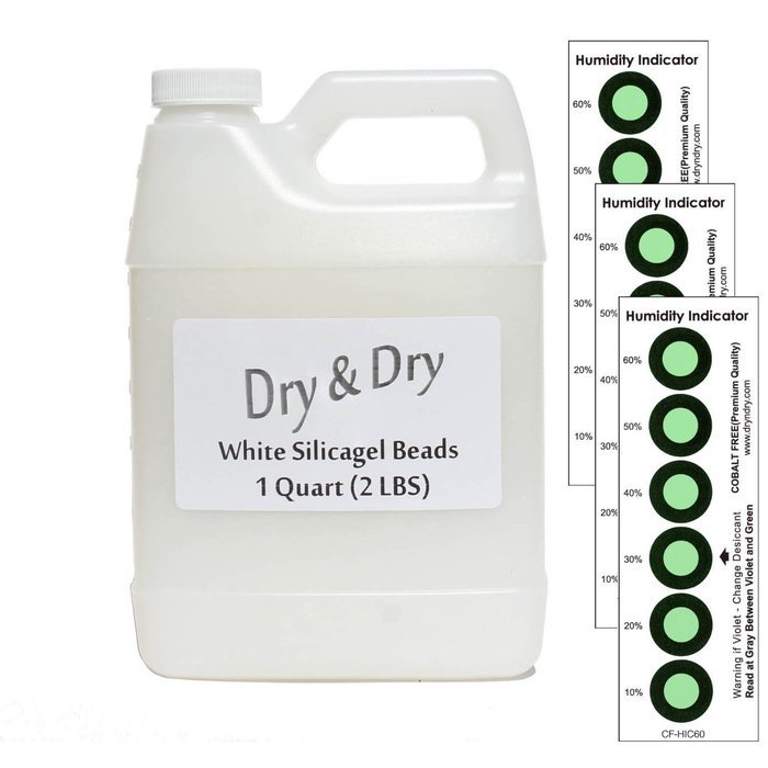 1 Quart Pure White Silicagel Desiccant Beads with 3 Humidity Indicating Cards - 2 LBS Reusable