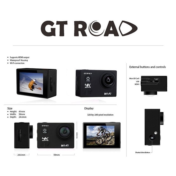4K Ultra HD Action Camera with Wifi,Sports Action Cam By GT ROAD,Waterproof 98 Feet(30m）+170&deg; Wide Angle Lens+... N3