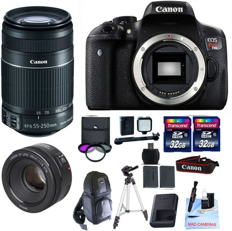 Canon EOS T6i DSLR Kit + Canon EF-S 55-250mm IS STM + 50mm 1.8 STM + 2 32GB Transcend SD Cards + Spare LP E17...