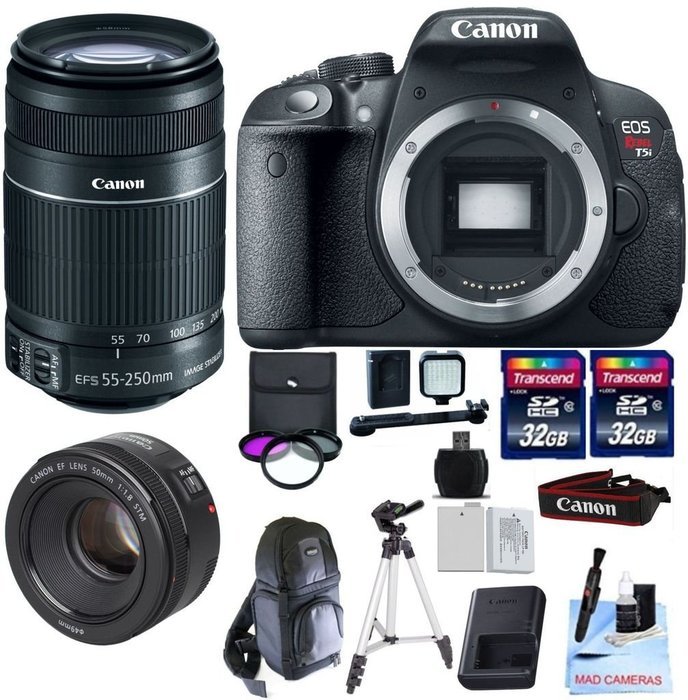 Canon EOS T5i + Canon EF-S 55-250mm IS STM + Canon 50mm 1.8 STM + 2 32GB Transcend SD Memory Cards + LED Video...