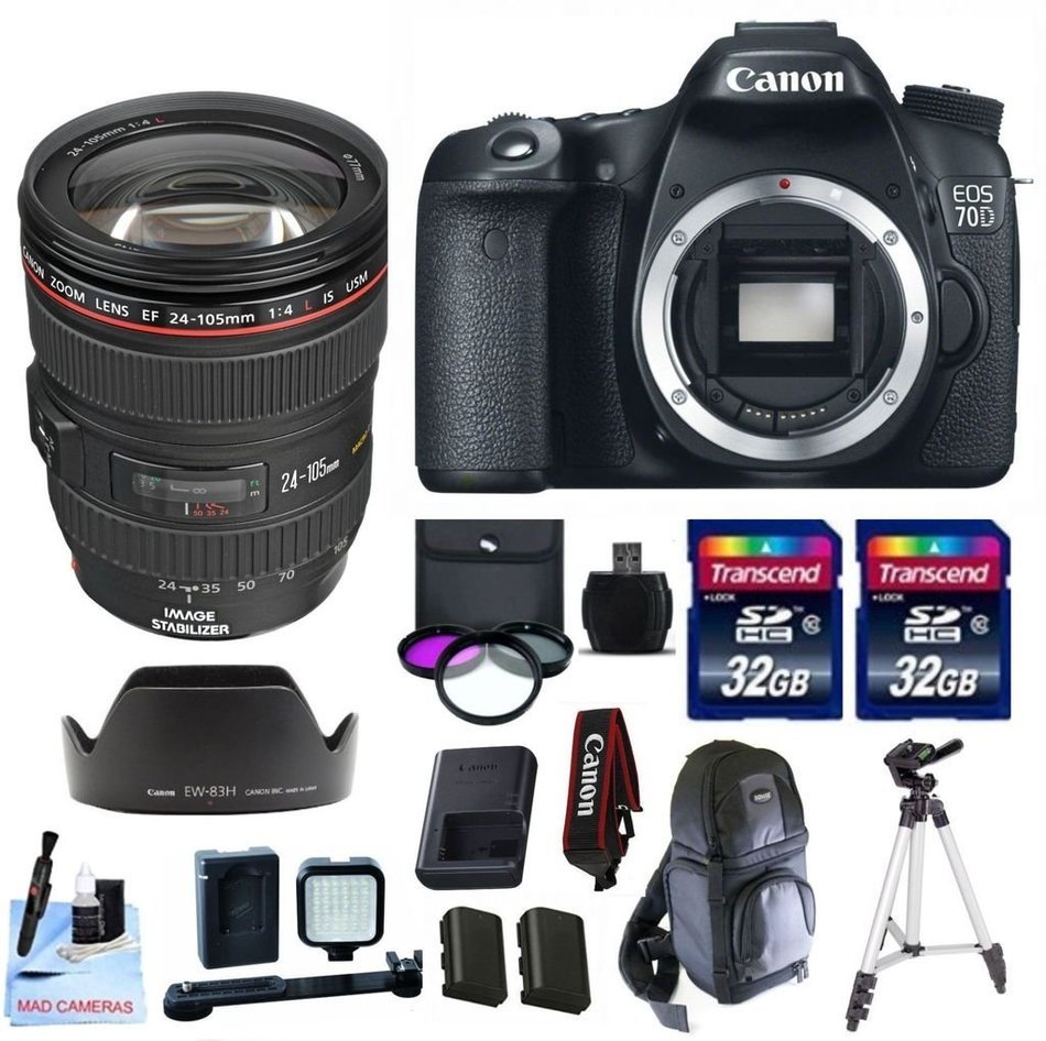 Canon 70D + Canon EF 24-105 f/4 L IS USM (Glass Element) Lens + 2 32GB Transcend SD Memory Cards + LED Video Light...