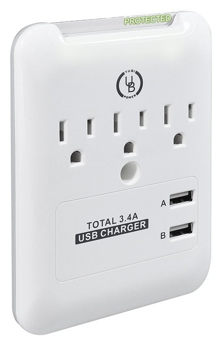 Yubi Power Slim Surge Protector - White - UL Listed - With 3 AC Plug Outlet Plus 2 USB Ports- 3.4 Amp Outlet -... N6