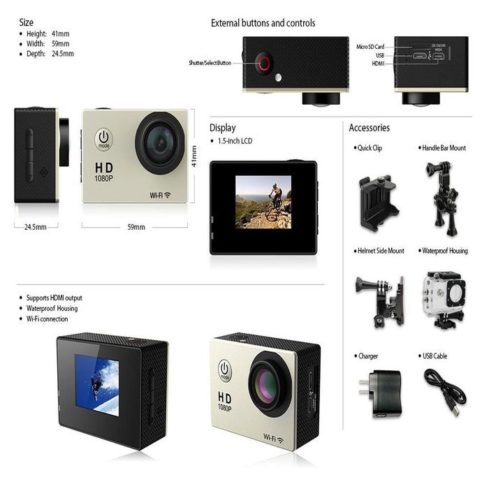 Generic 1080p Hd Sports Cam Outdoor Waterproof Action Wifi Camera 170 Degree Super Wide Angle Lens (Gold) N2