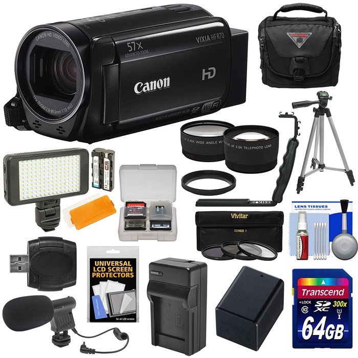 Canon Vixia HF R70 16GB Wi-Fi 1080p HD Video Camcorder + 64GB Card + Battery & Charger + Case + Tripod + LED Light... N2