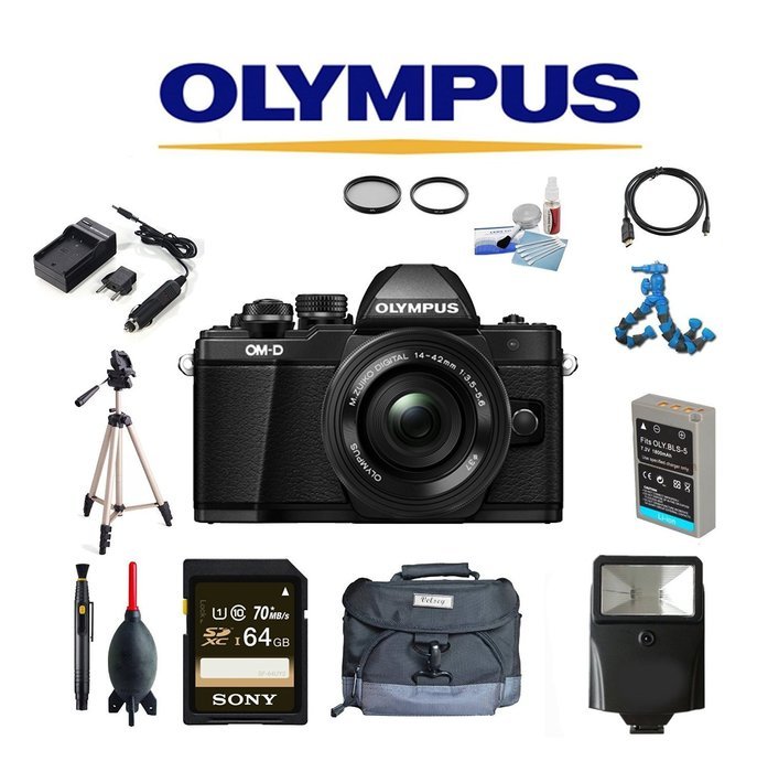 Olympus OM-D E-M10 Mark II Digital Camera with 14-42mm II R (Black) w/ Sony 64GB + Flash + Tripod + Flexpod +...