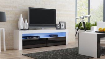 TV Console MILANO Classic WHITE - TV stand up to 70-inch flat TV screens &ndash; LED lighting and High Gloss finish... N4