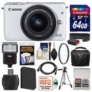 Canon EOS M10 Wi-Fi Digital ILC Camera &amp; EF-M 15-45mm IS STM Lens (White) with 64GB Card + Case + Flash + Battery... N3
