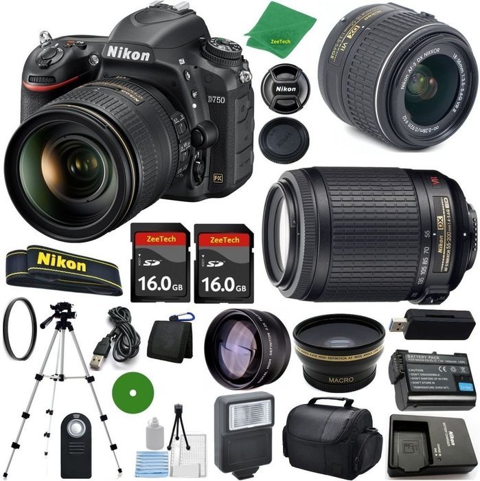 Nikon D750 International Version - No Warranty, Nikon 18-55mm VR Lens, Nikon 55-200mm f4-5.6G ED VR, 2pcs 16GB...