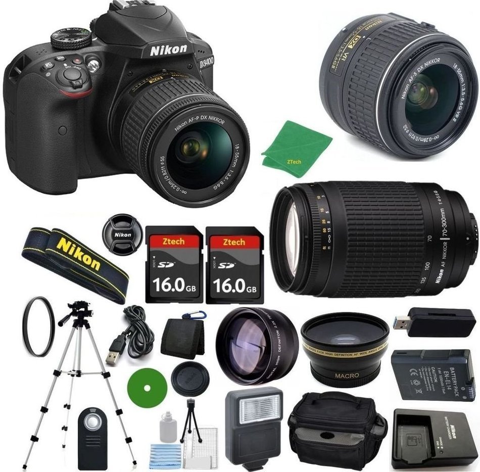 Nikon D3400 - International Version (No Warranty), 18-55mm f/3.5-5.6 DX VR, Nikon 70-300mm f/4-5.6G, 2pcs 16GB... N2