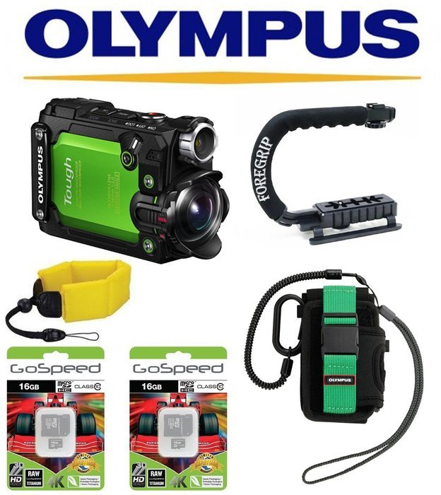 Olympus Stylus Tough TG-Tracker Action Camera (Green) w/ Olympus CSCH-125 (Black) + ActionGrip Professional Action...