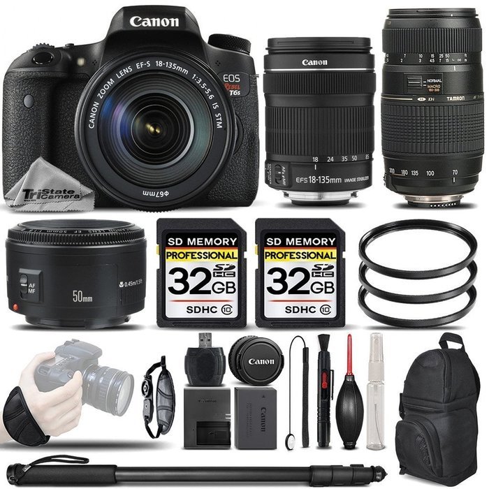 Canon EOS T6s DSLR Camera + Canon EF-S 18-135mm IS STM Lens + Canon EF 50mm f 1.8 II Lens + Tamron Zoom Telephoto...