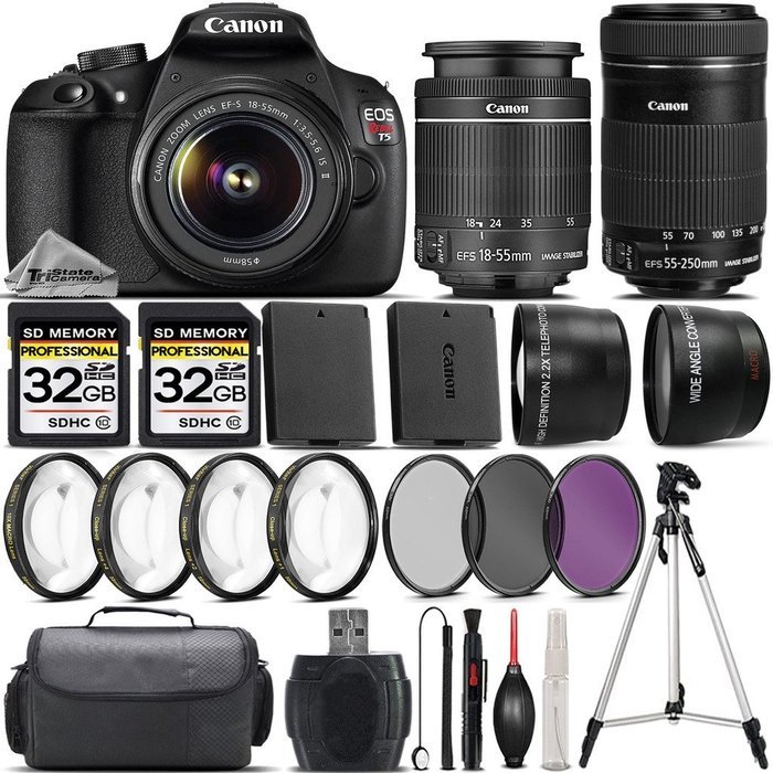 Canon EOS Rebel T5 DSLR Camera + Canon EF-S 18-55mm IS II Lens + Canon 55-250mm IS STM Lens + 0.43X Wide Angle...
