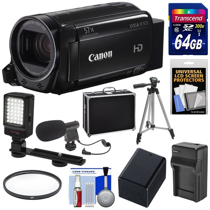 Canon Vixia HF R70 16GB Wi-Fi 1080p HD Video Camcorder with 64GB Card + Battery & Charger + Hard Case + Tripod...
