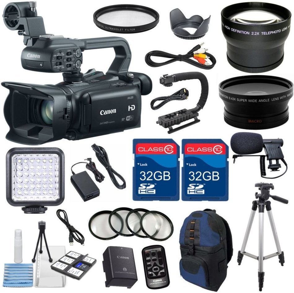 Canon XA25 Professional Camcorder with 2pc 32GB High Speed Memory Cards + Wideangle Lens + Telephoto Lens + LED... N6