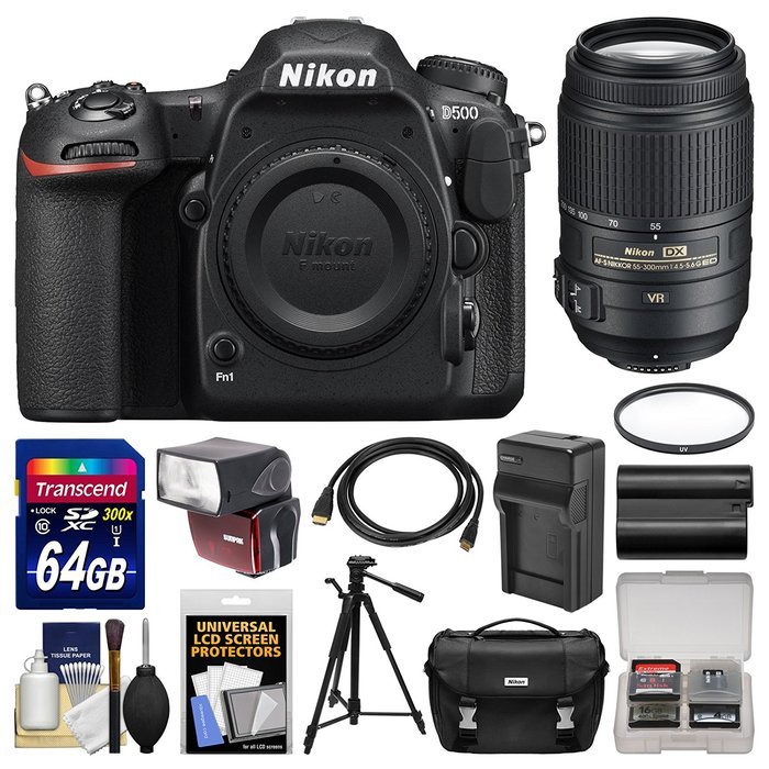 Nikon D500 Wi-Fi 4K Digital SLR Camera Body with 55-300mm VR Lens + 64GB Card + Case + Flash + Battery & Charger... N3