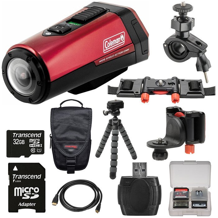 Coleman Aktivsport CX9WP GPS HD Video Action Camera Camcorder (Red) with 32GB Card + Case + Flex Tripod + Kit